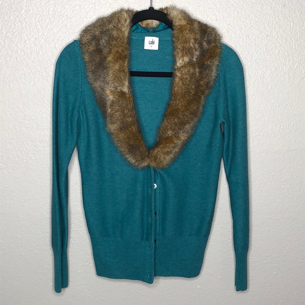 CAbi Tearoom Button Up Cardigan Faux Fur Collar